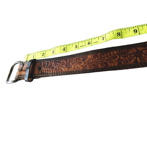 Vintage Brown Leather Belt Floral Embossed Belt B80 - Picture 4 of 4
